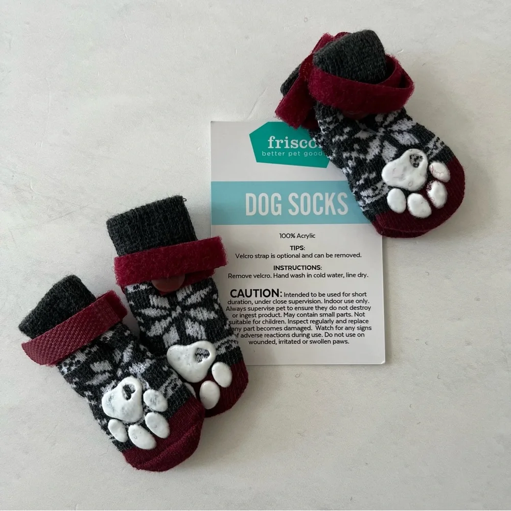 Frisco Chewy Fair Isle Non-Skid Winter Holiday Pet Dog Socks Gray Red Size 1